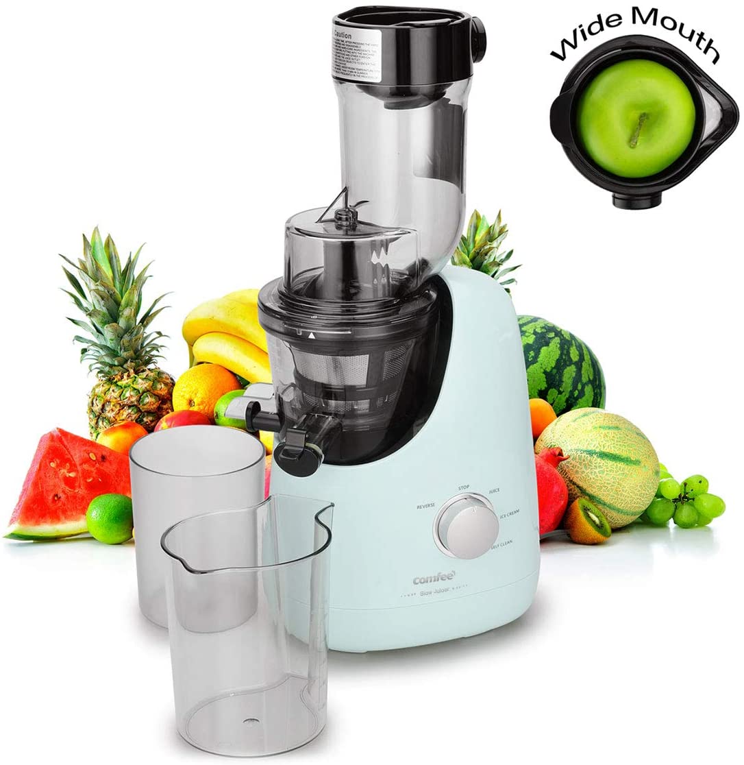 COMFEE' BPA Free Masticating Juicer Extractor with Ice Cream Maker Function. 3.4inch Large Chute. 55RPM Slow Cold Press Masticating and Grinding. High Yield. Quiet Motor. Reverse Function. Mint Green