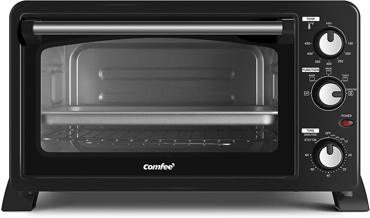 COMFEE' CFO-CC2501C 6-Slice Toaster Oven Countertop with Convection, 1500W, Broil-Toast Setting, Includes Pan, Baking Rack and Crumb Tray, Black 25L